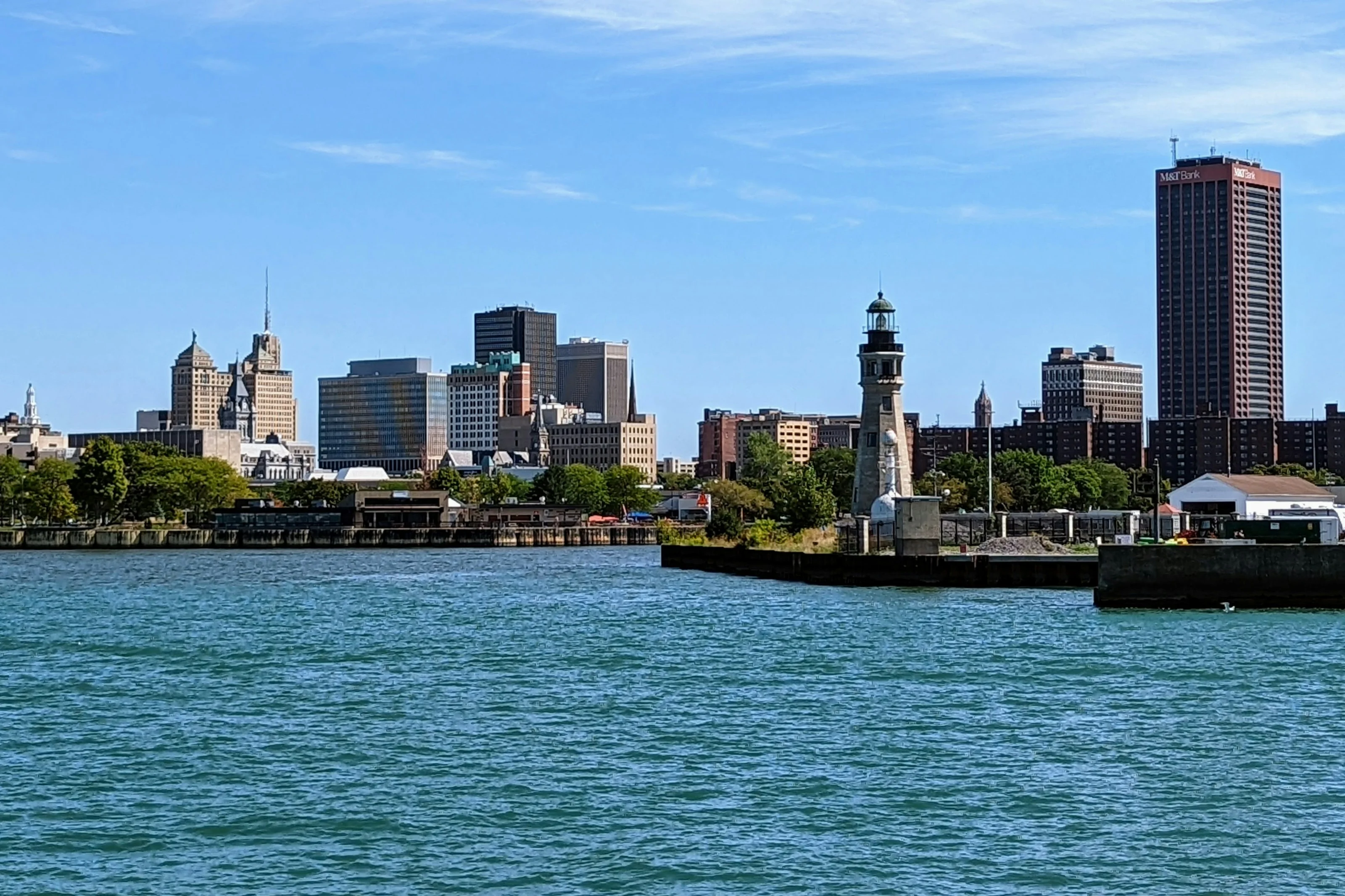 Buffalo skyline and Main Light lighthouse seen from the waterfront