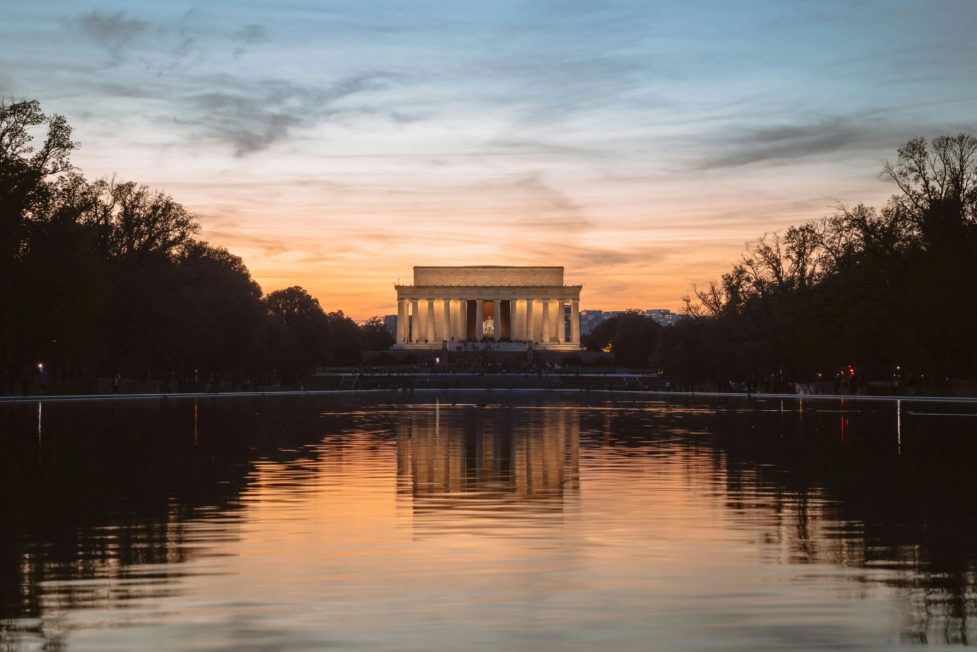 Lincoln Memorial reflected in the Reflecting Pool at sunset
