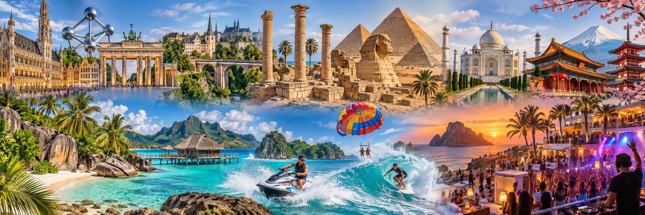 Monuments et paysages emblématiques du monde : pyramides d'Égypte, Taj Mahal, temples japonais et plages tropicales