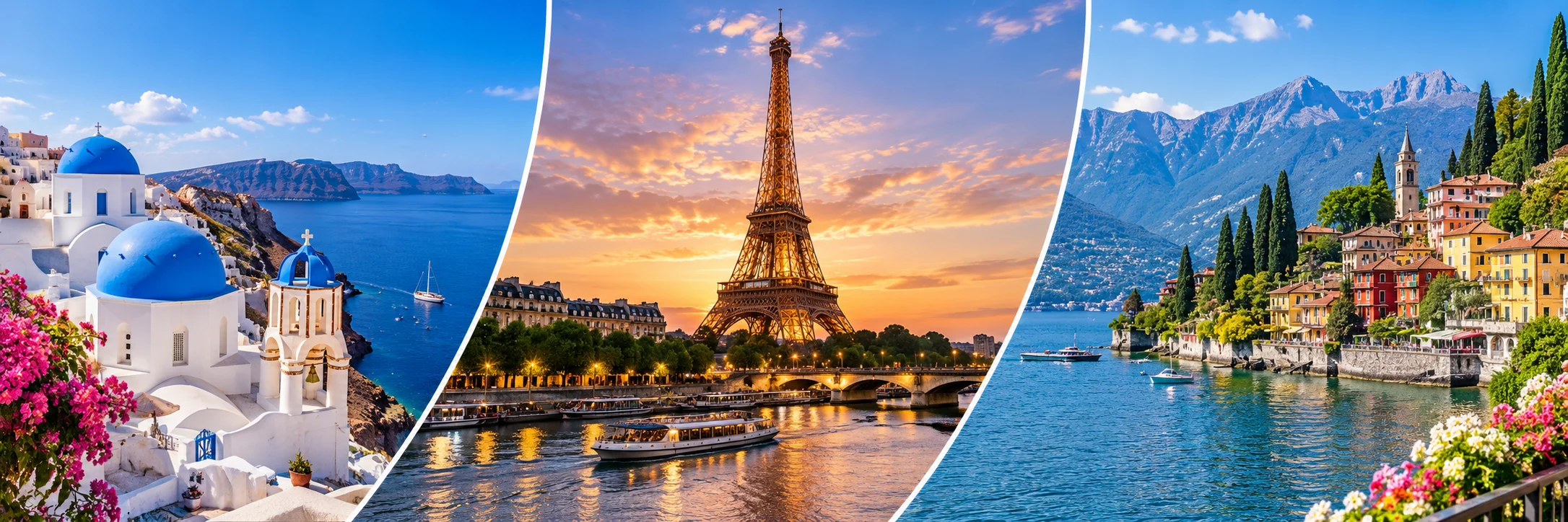 Santorin en Grèce, Tour Eiffel à Paris et village du lac de Côme en Italie